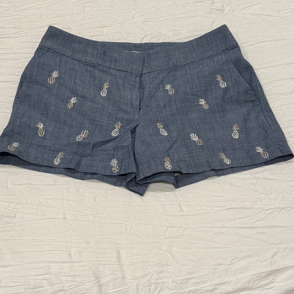 LOFT Chambray Pineapple Embroidered Shorts